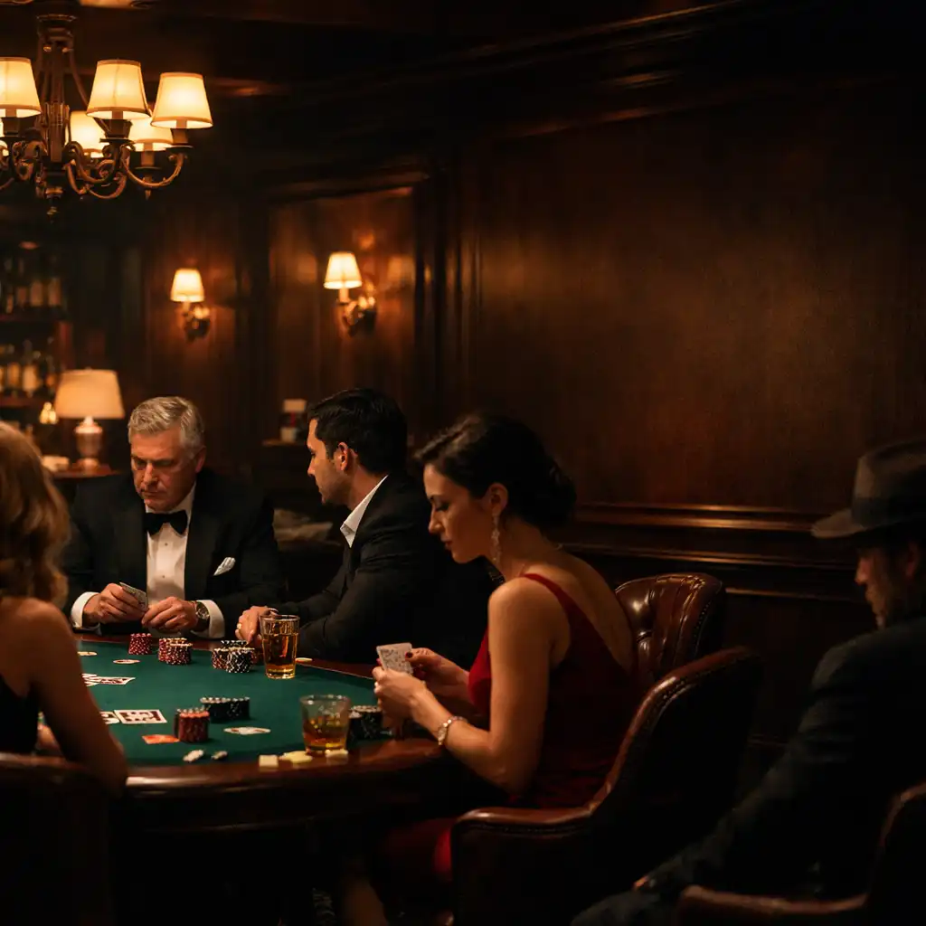 Intimate high-stakes poker lounge with dark wood panelling and moody lighting