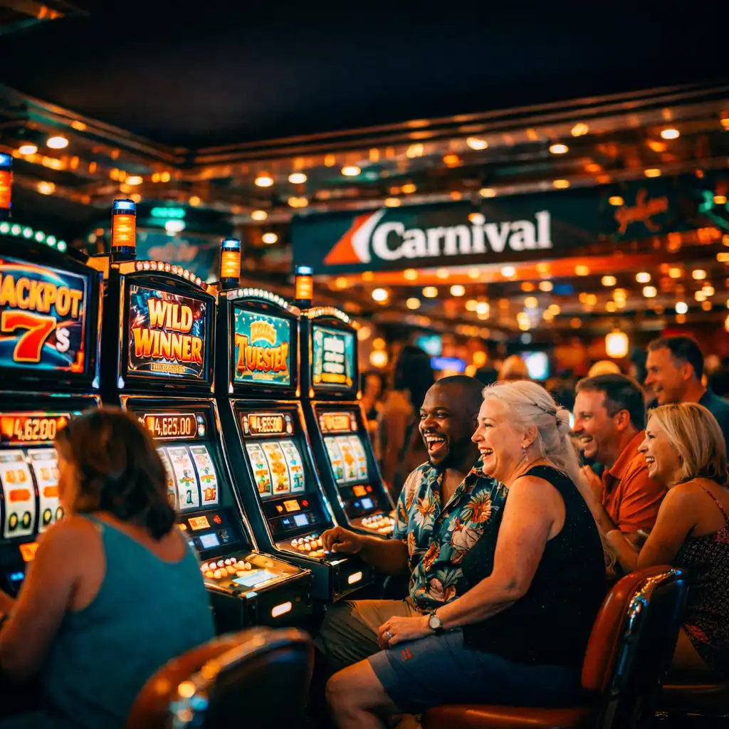 Vibrant Carnival cruise ship casino scene with a row of bright slot machines and a lively crowd