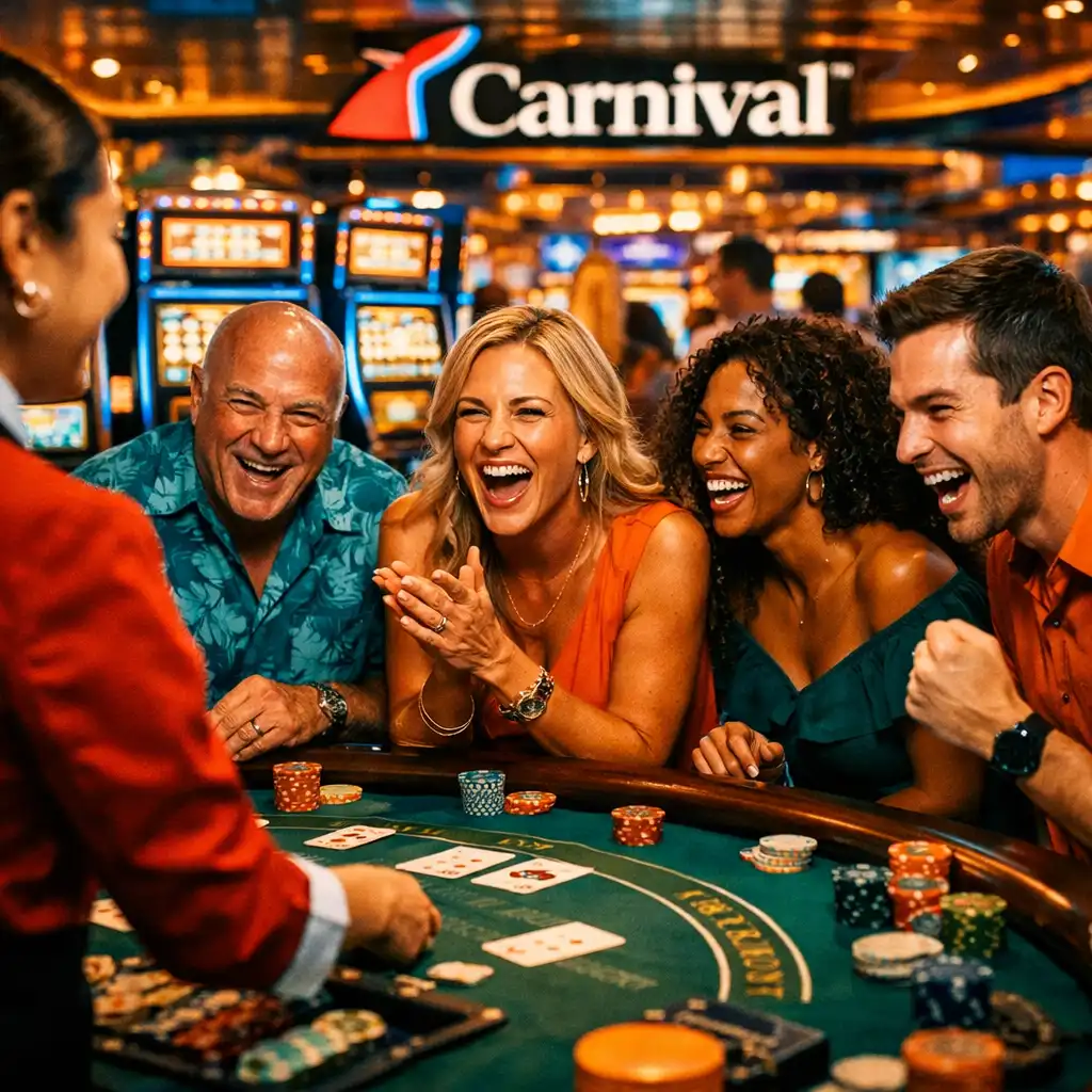 Fun and lively Carnival Cruise Line casino with bright colours and a party-like atmosphere