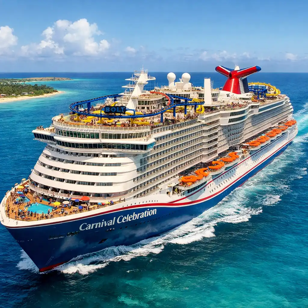 Carnival Celebration sailing in the Bahamas with its BOLT roller coaster track visible