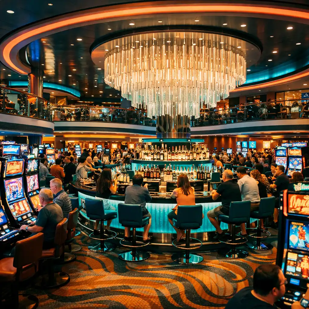 Wide shot of a large, vibrant casino on Royal Caribbean's Oasis of the Seas with rows of slot machines and a central bar