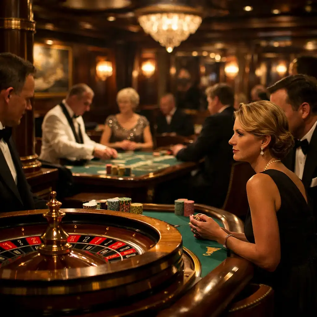 Legendary casino on Cunard's Queen Mary 2 with rich wood, brass fixtures, and a formal atmosphere