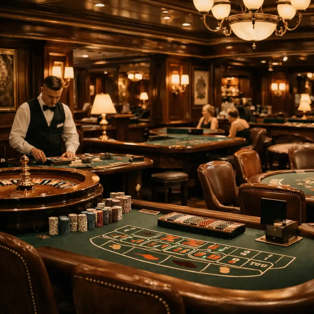 Classic, refined casino on Holland America's Nieuw Statendam with traditional table games and elegant wood paneling