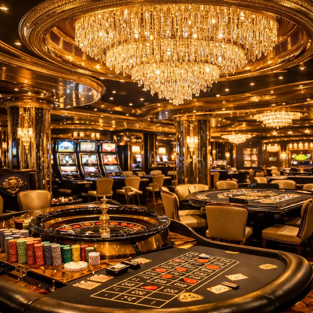Glamorous casino on MSC Meraviglia with a golden color scheme, ornate decorations, and crystal lighting