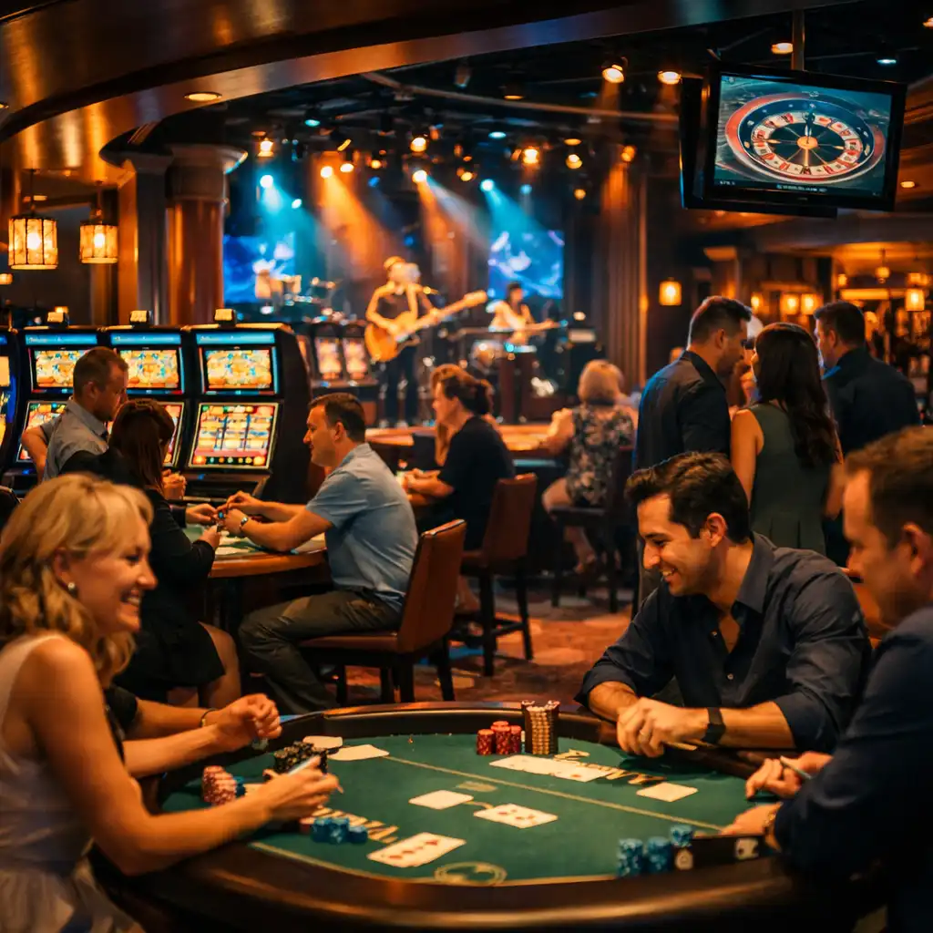 Multi-purpose entertainment venue on Sky Princess that transforms into a lively casino at night with slot machines and table games