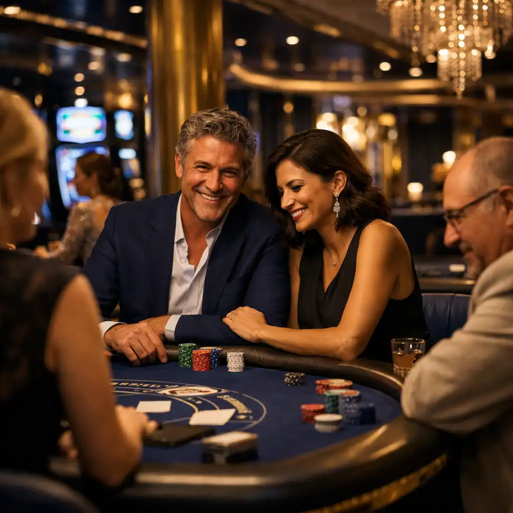 Intimate, elegant casino on Celebrity Edge with plush seating, subdued lighting, and navy and brass accents
