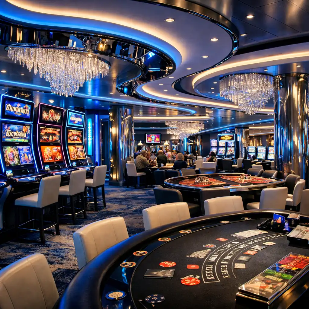 Stylish, modern casino on Norwegian Encore with sleek blue and silver accents, slot machines, and table games