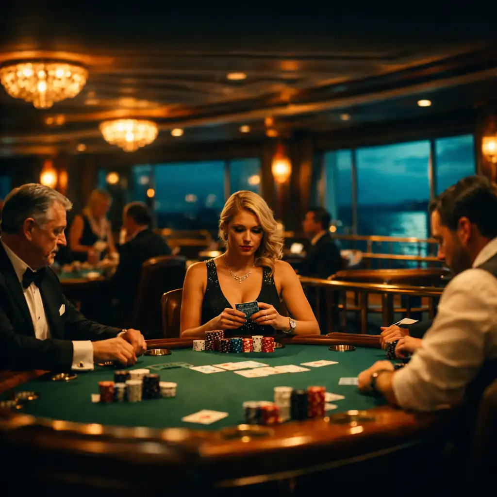 Luxurious cruise ship casino interior at night with elegant poker tables and warm ambient lighting