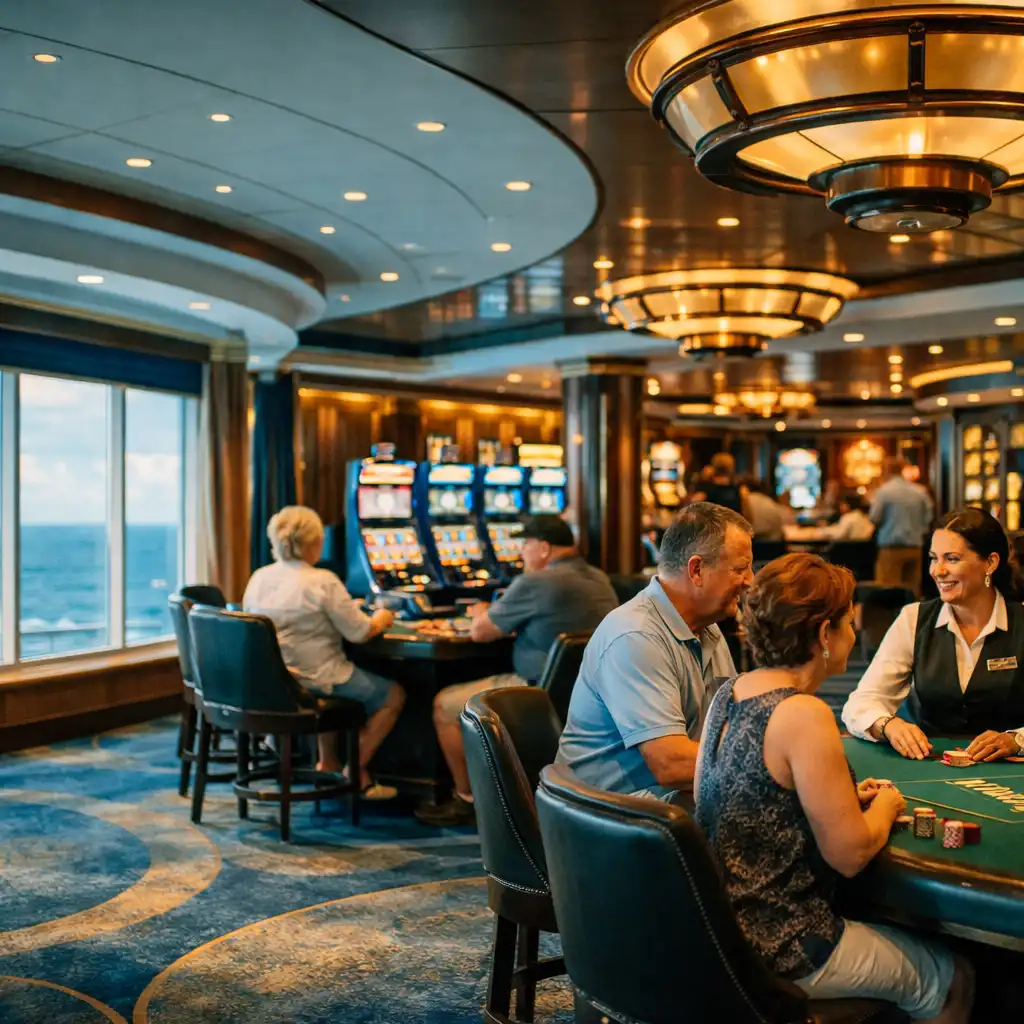 Modern cruise ship casino during the day with natural light, slot machines, and elegant nautical decor