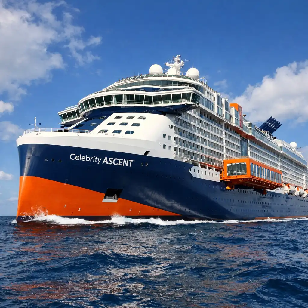 Celebrity Ascent cruise ship at sea with its distinctive orange and navy hull