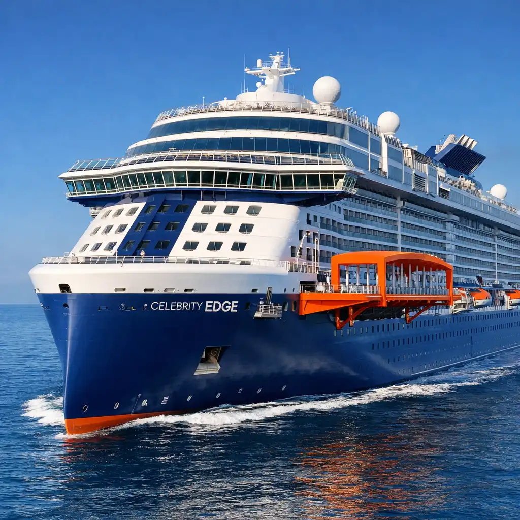 Celebrity Edge cruise ship with orange Magic Carpet platform extended
