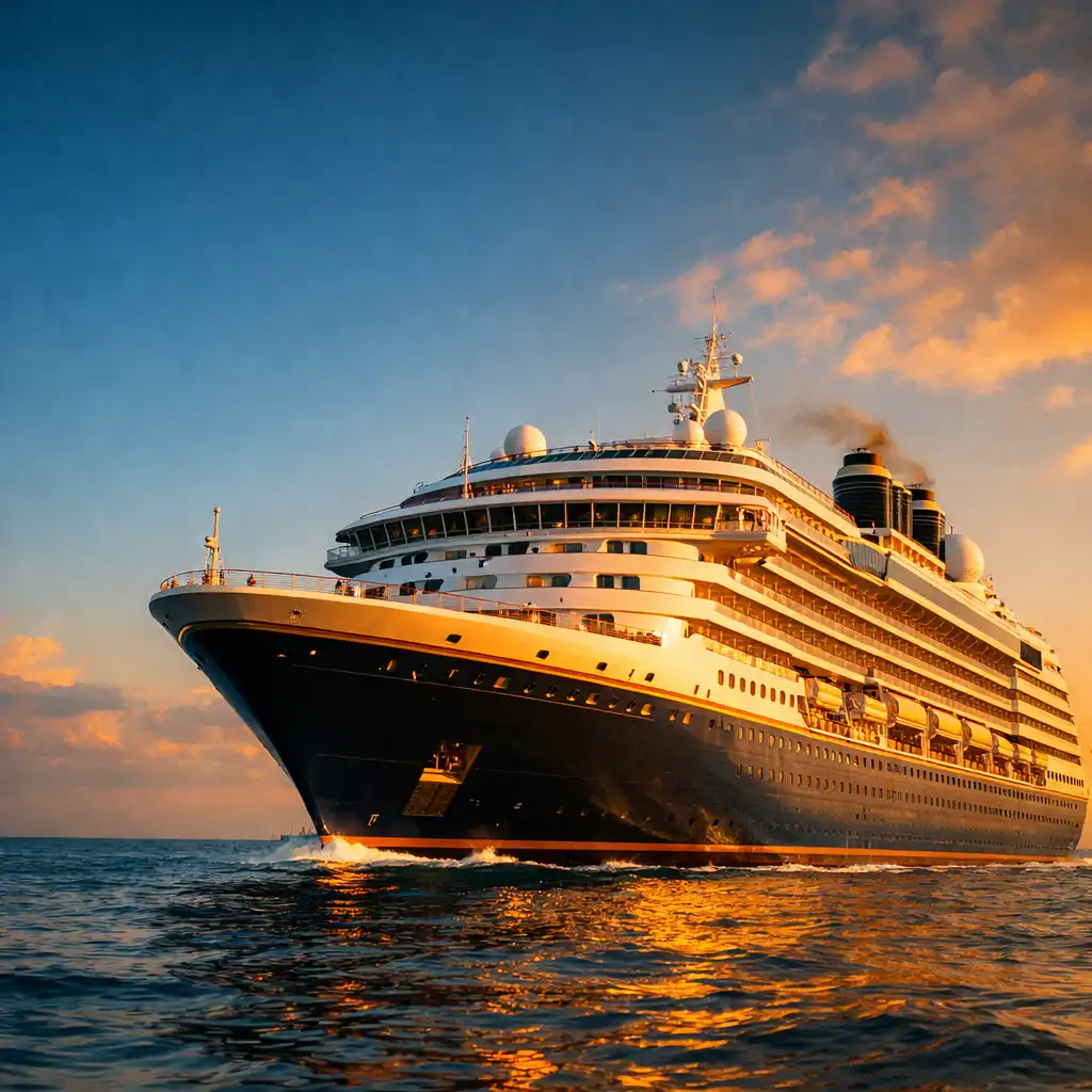 Luxury cruise ship sailing on calm ocean waters during golden hour