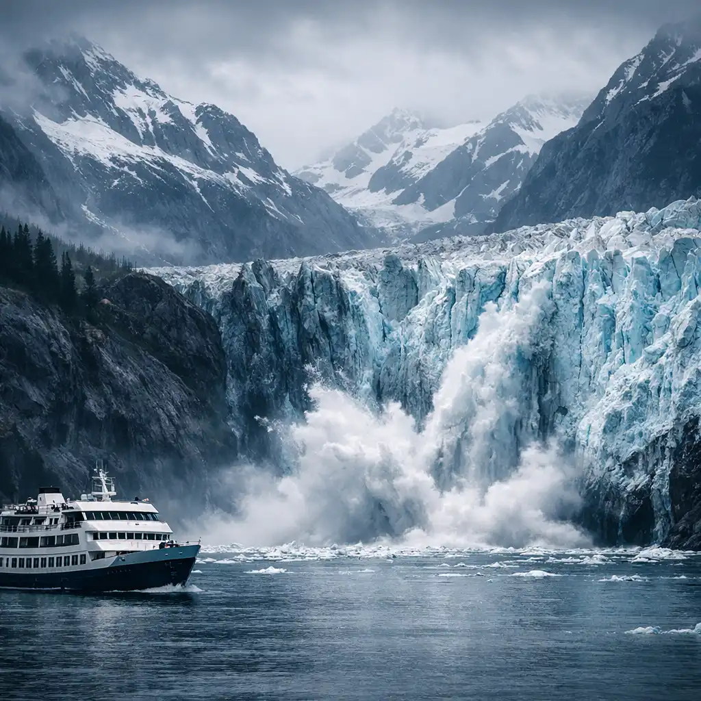 Alaskan glacier calving into a fjord with snow-capped mountains and a small cruise ship in the foreground