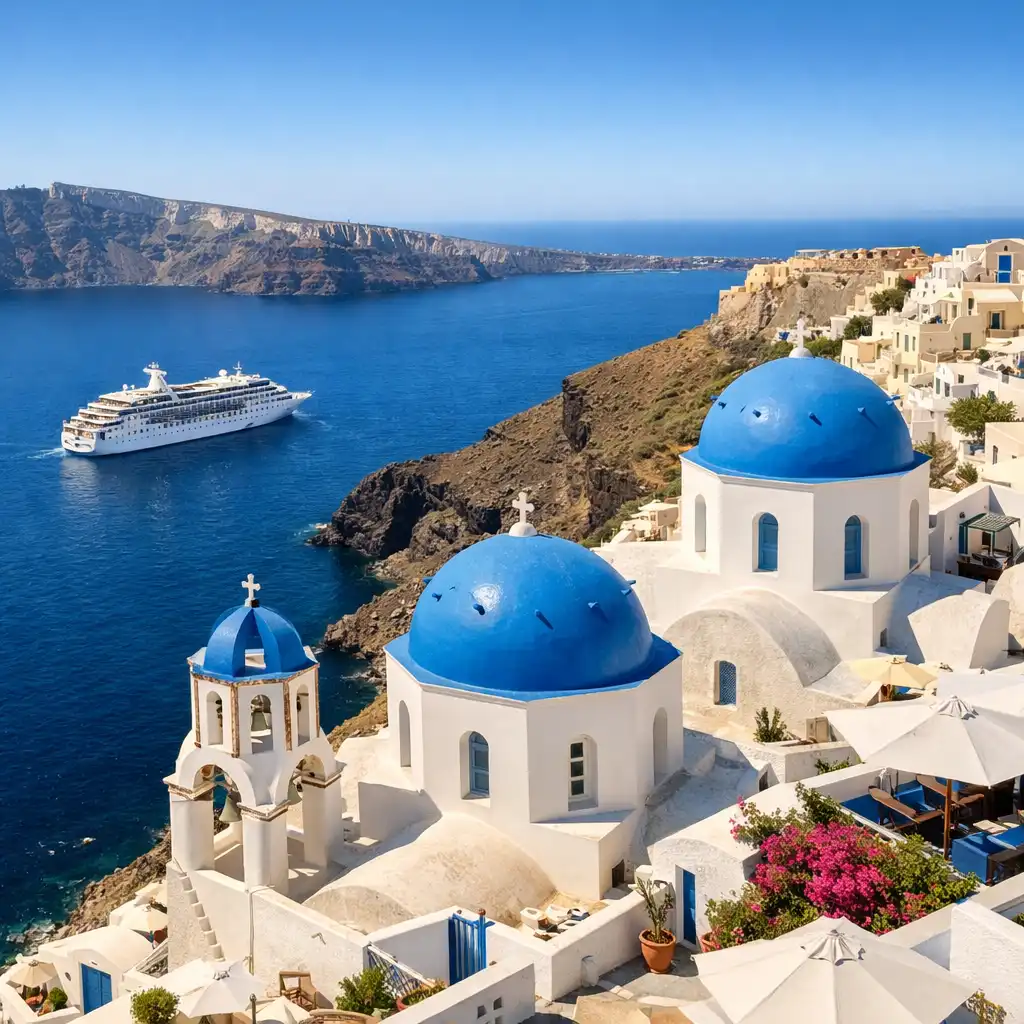 Mediterranean coastal town with whitewashed buildings, blue-domed churches, and a cruise ship anchored in the bay