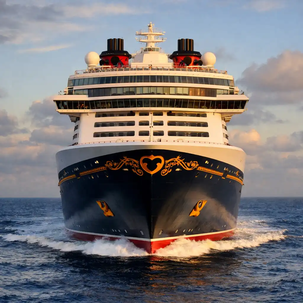 Disney Wish cruise ship at sea with its elegant navy and gold livery