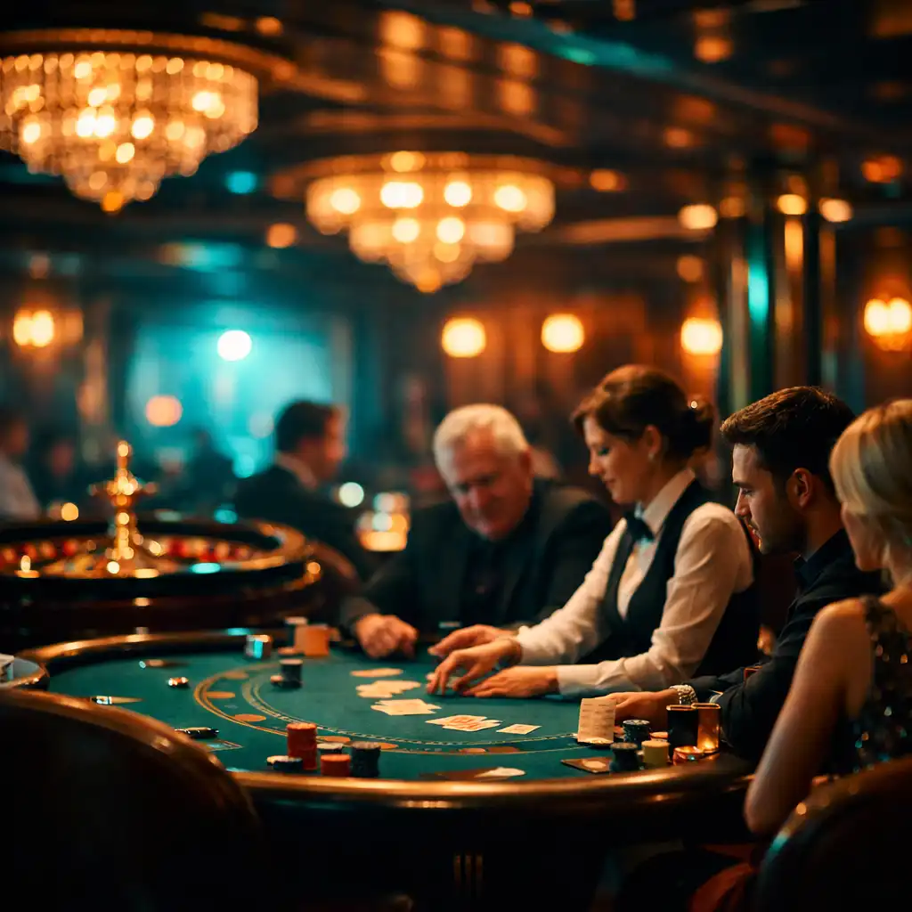 Luxurious casino lounge on a cruise ship with gaming tables