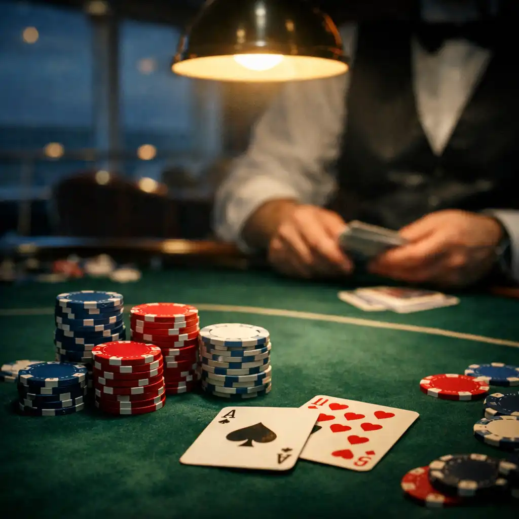 Close-up of a poker table with chips and playing cards