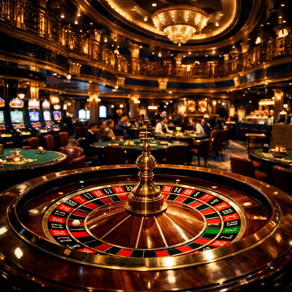 Opulent cruise ship casino with a roulette wheel in the foreground