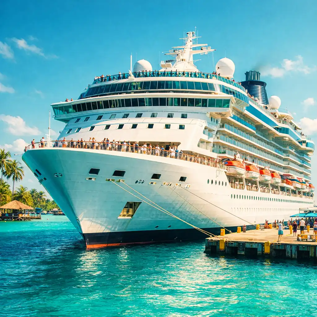 Majestic cruise ship docked at a tropical port