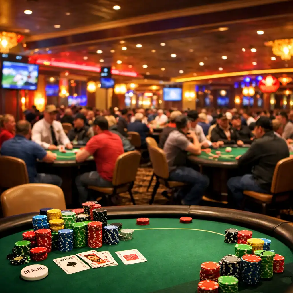 Lively casino poker room with multiple tables and colourful chips