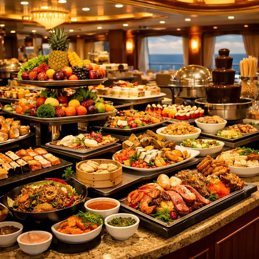 Lavish cruise ship buffet with international dishes, fresh fruits, and desserts on elegant serving stations