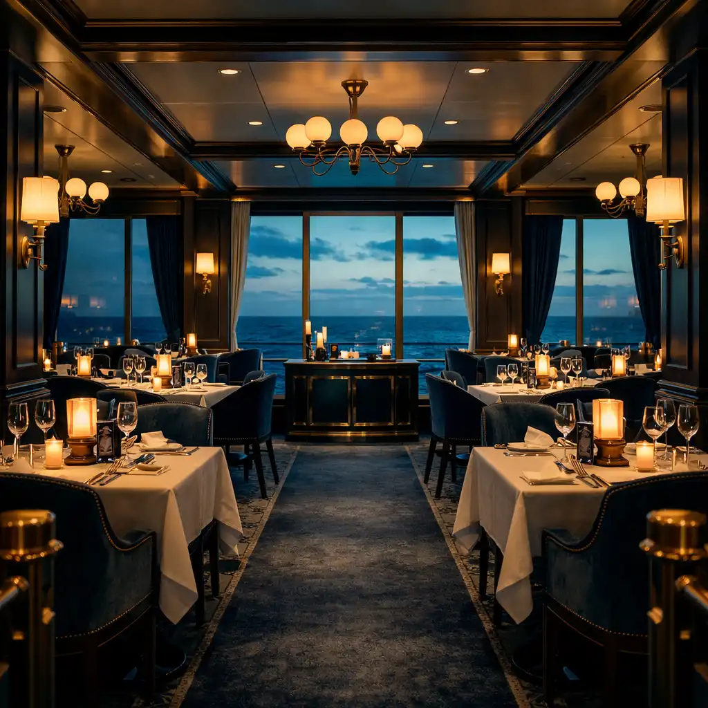 Elegant specialty restaurant with ocean views, candlelight, and navy and brass decor
