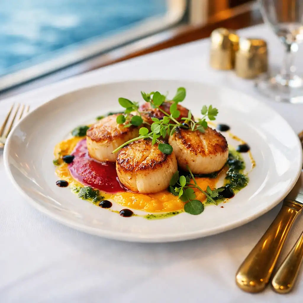 Beautifully plated seared scallops with microgreens and colourful sauce on a white tablecloth