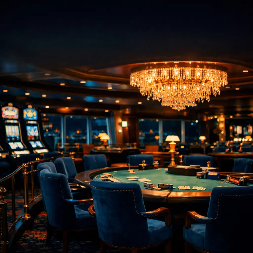 Luxurious cruise ship casino interior at night with brass fixtures, deep blue velvet chairs, and a crystal chandelier