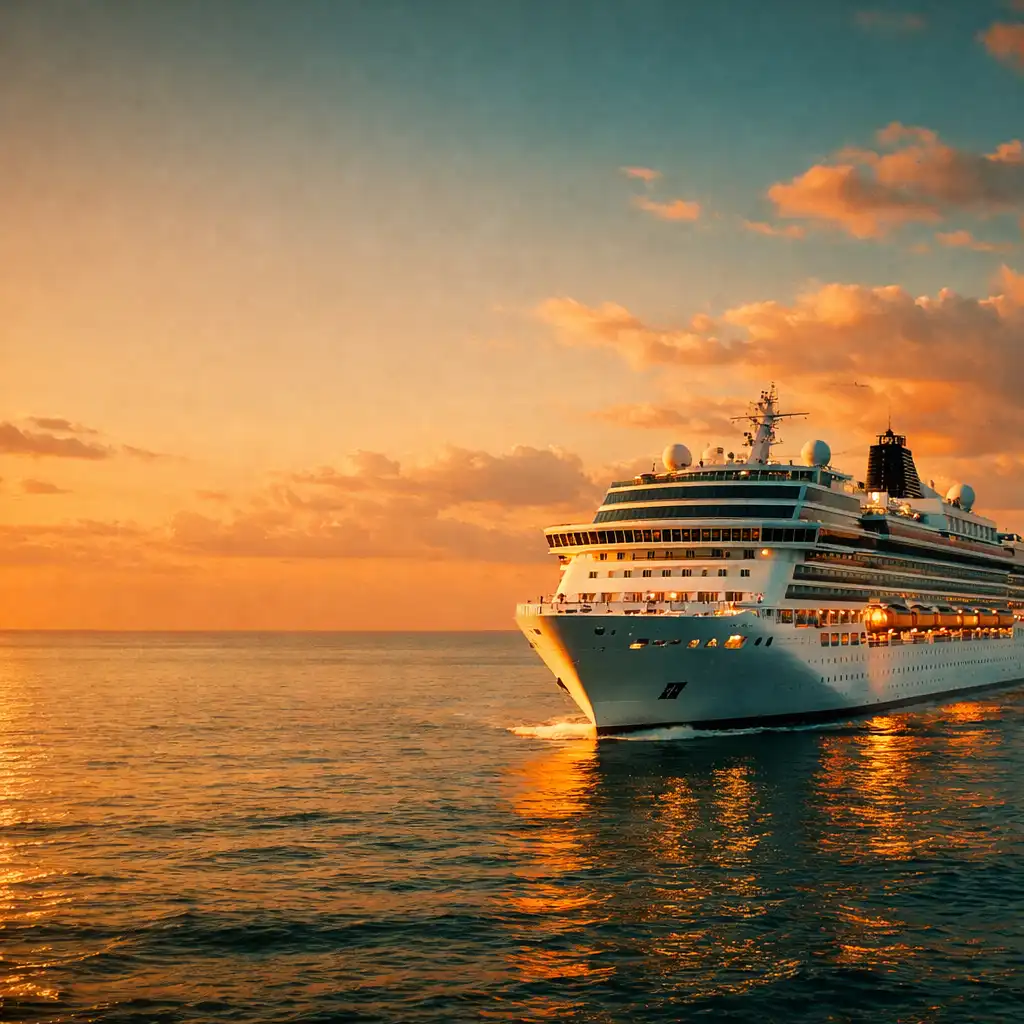 Cruise ship sailing on calm ocean during golden hour with warm sky and open sea