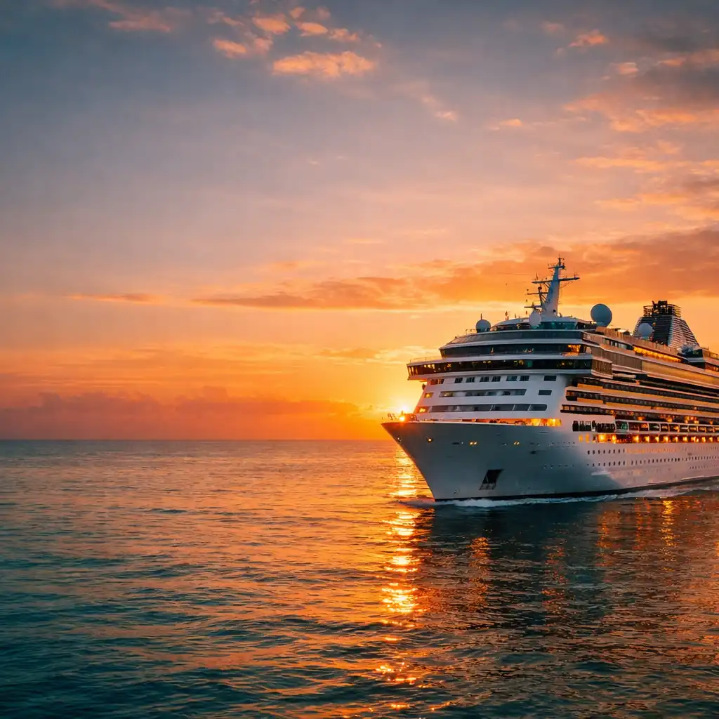 Luxury cruise ship sailing at golden hour with a warm sunset sky
