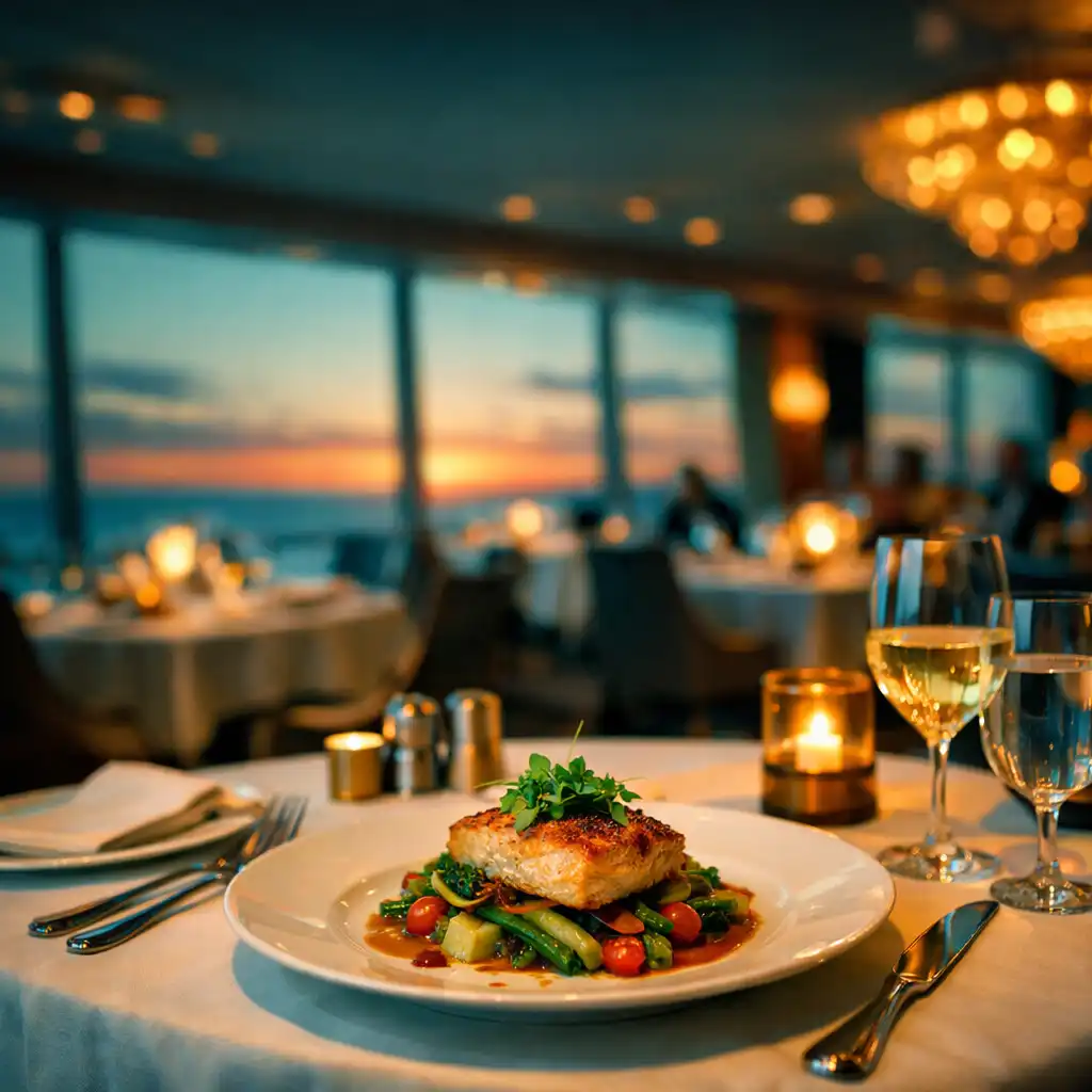 Elegant cruise ship dining room with ocean views, white linens, brass accents, and warm chandelier lighting