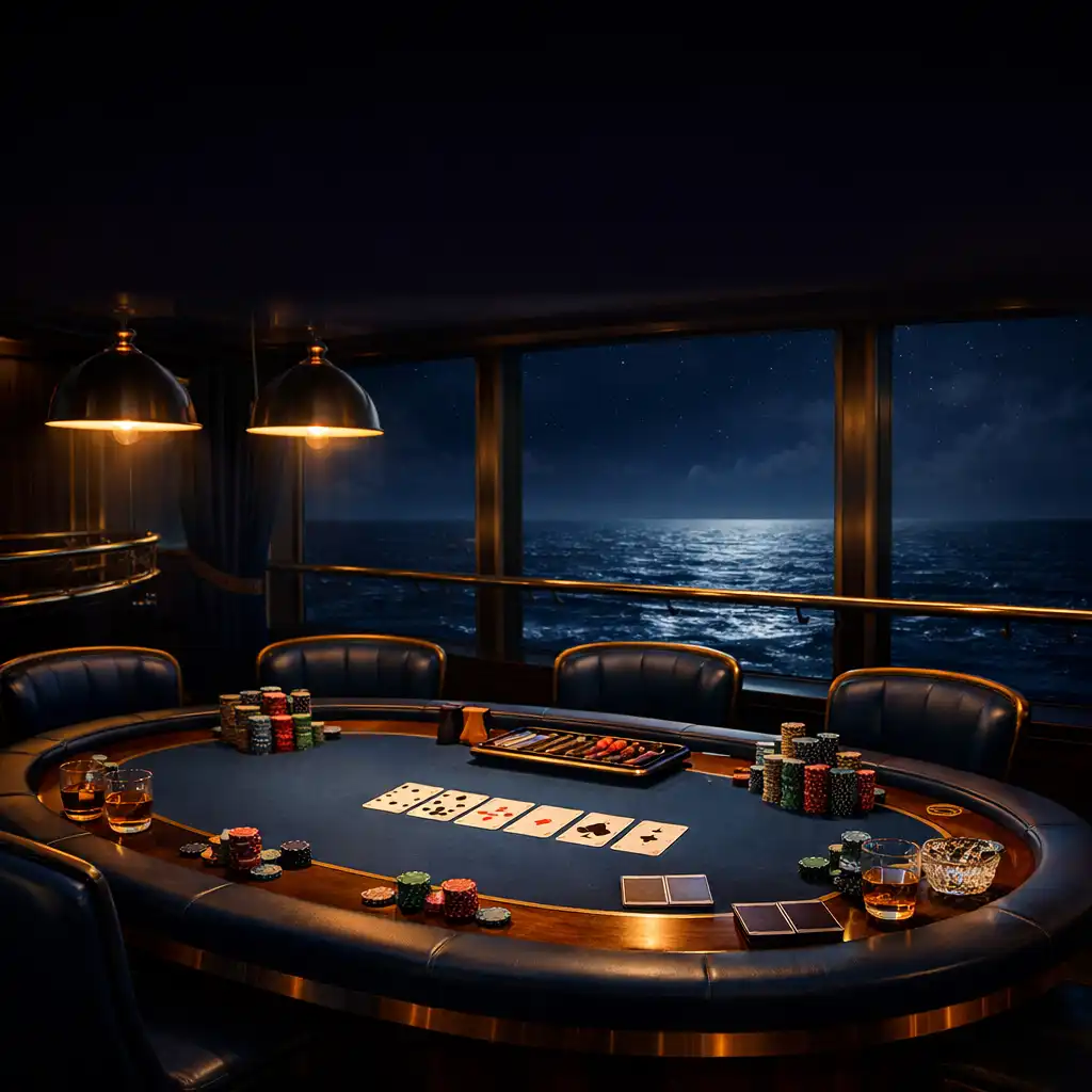 Cinematic poker table on a luxury cruise ship at night with ocean views and brass accents