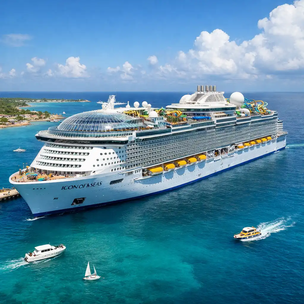Aerial view of Royal Caribbean's Icon of the Seas docked at a tropical port