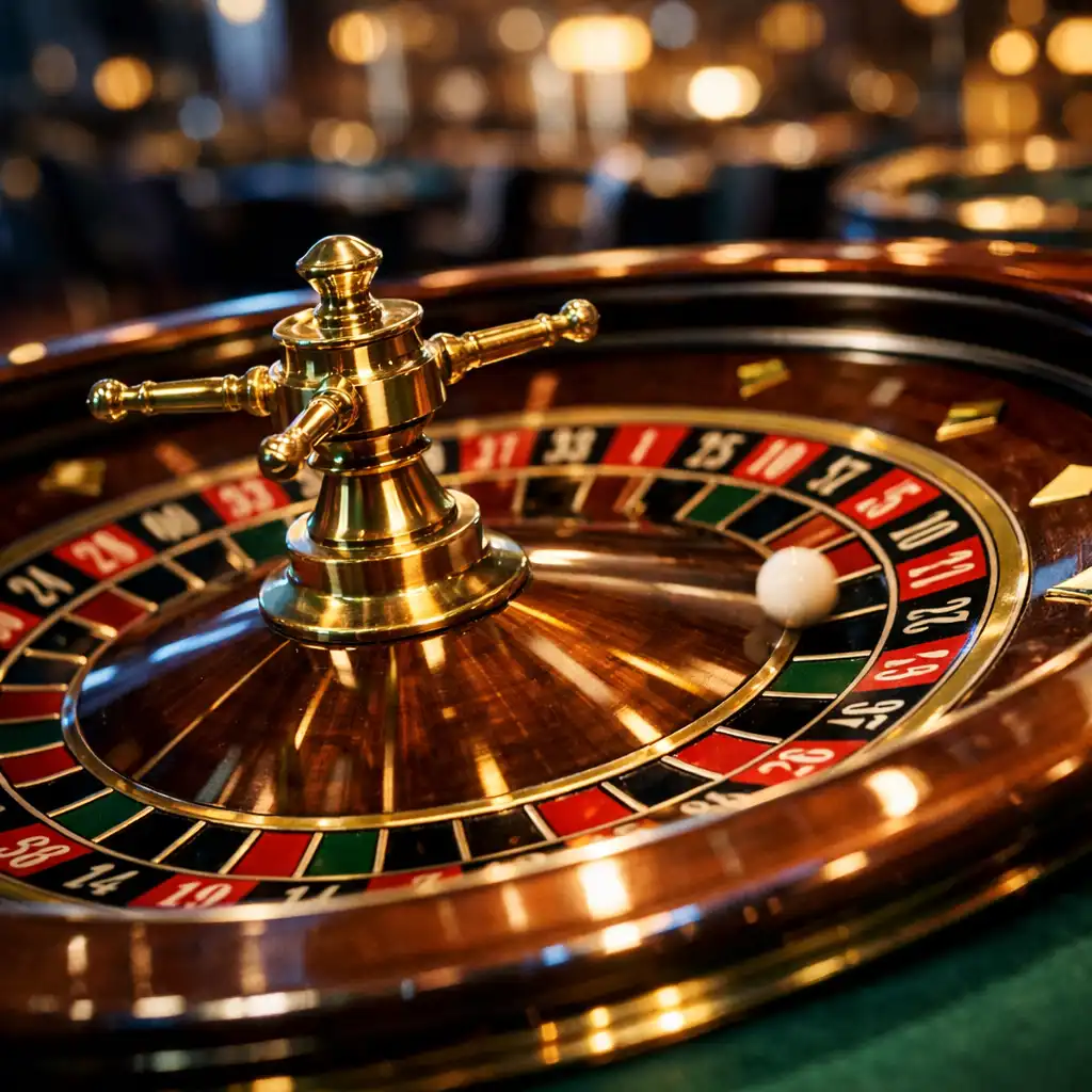 Close-up of a spinning roulette wheel on a cruise ship casino table with brass details and deep green felt