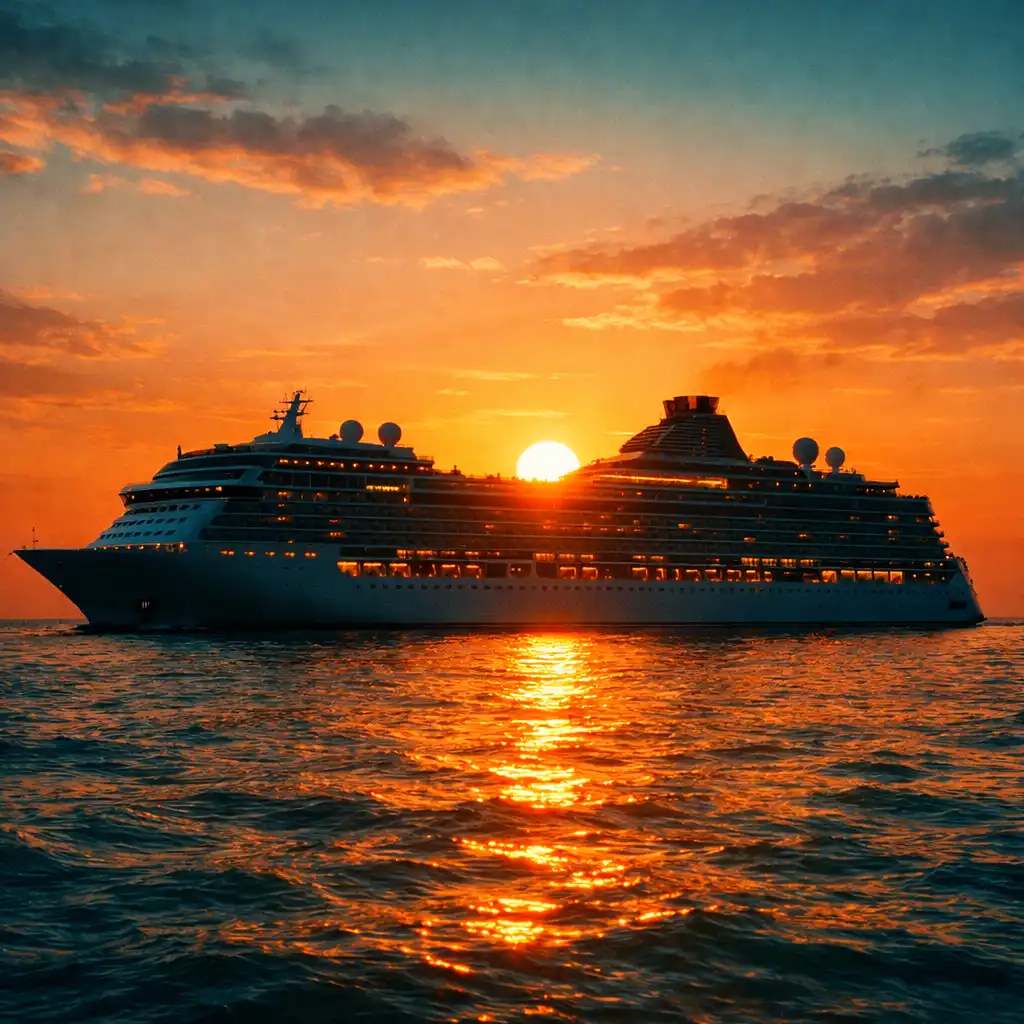Modern cruise ship at sea during golden hour
