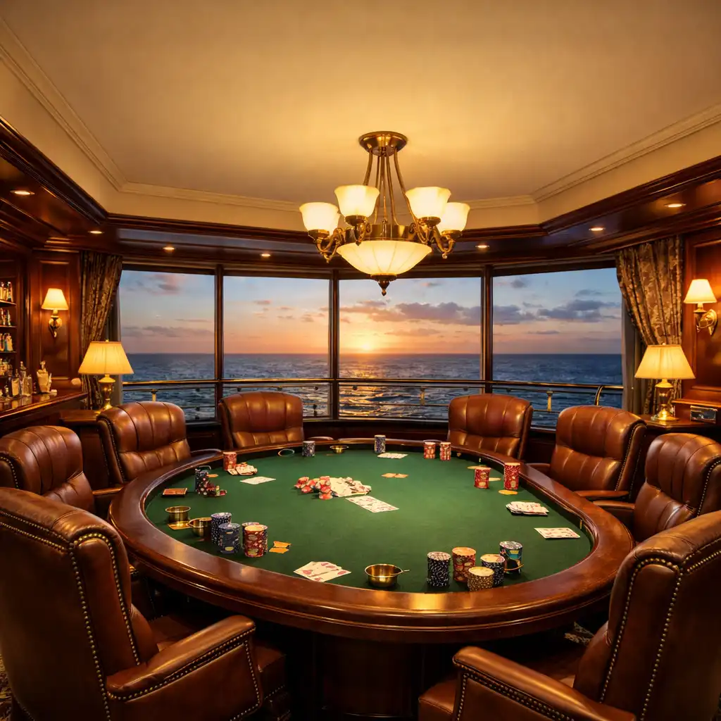 Luxurious poker room on a cruise ship with leather chairs, brass fixtures, and panoramic ocean views