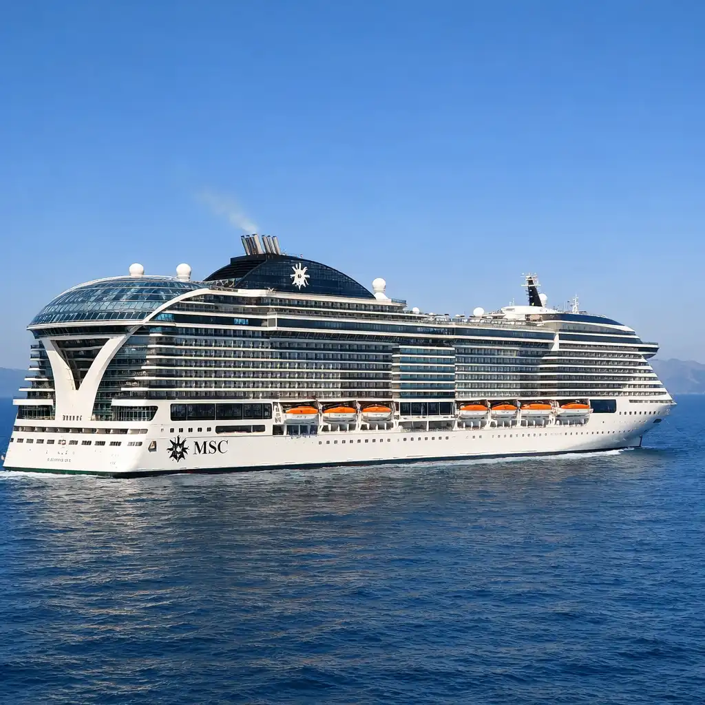 MSC World Europa sailing in the Mediterranean with its futuristic Y-shaped aft