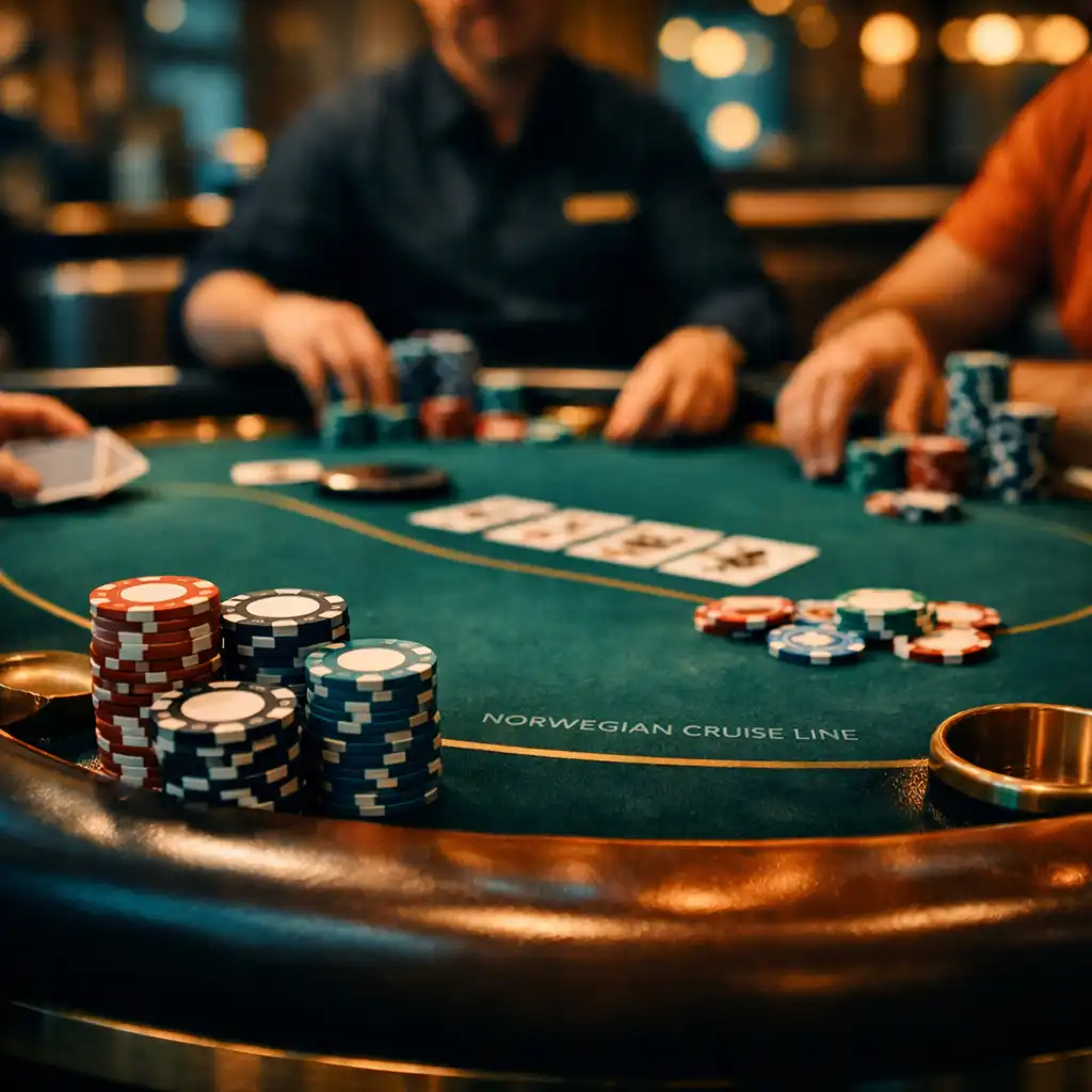 Close-up of a modern poker room on a Norwegian Cruise Line ship with green felt table and leather chairs