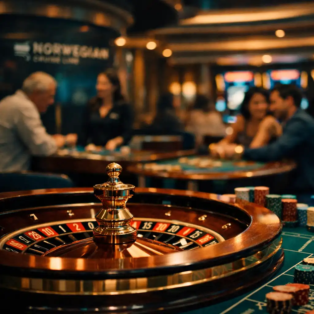 Sleek and modern Norwegian Cruise Line casino interior with elegant table games and rich wood finishes