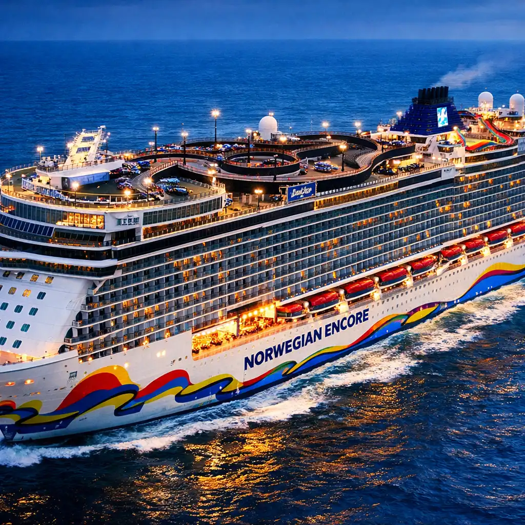 Norwegian Encore cruise ship with go-kart track on top deck