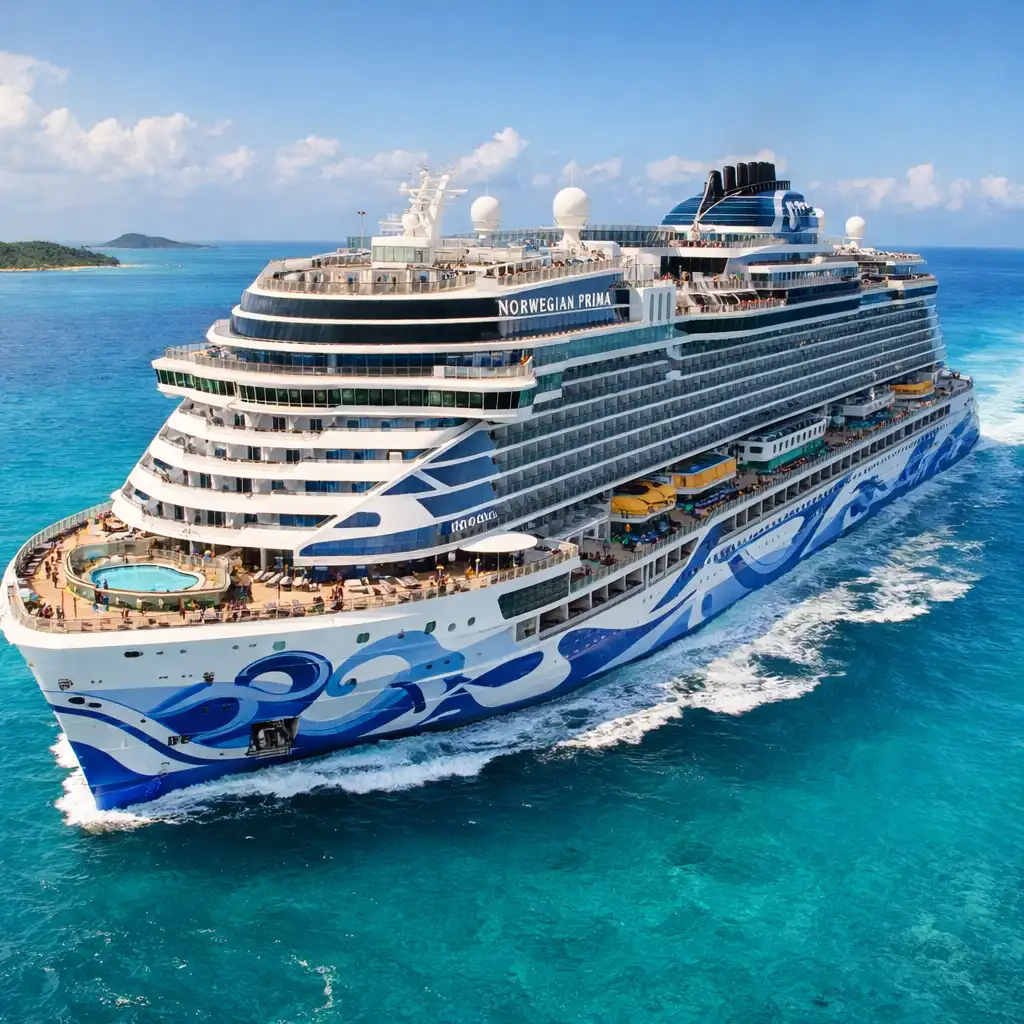 Norwegian Prima sailing in the Caribbean with its distinctive hull art and wrap-around promenade