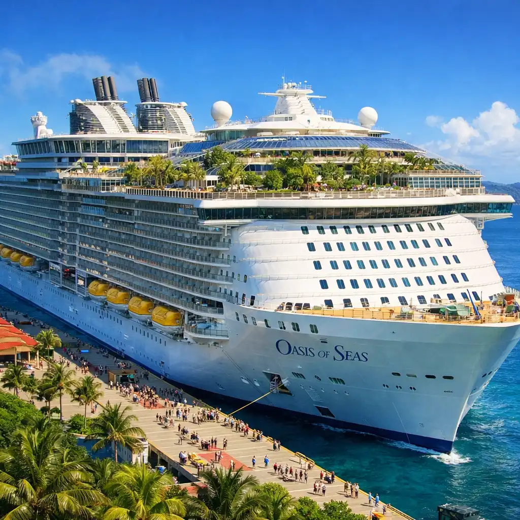 Exterior view of Royal Caribbean's Oasis of the Seas docked at a tropical port