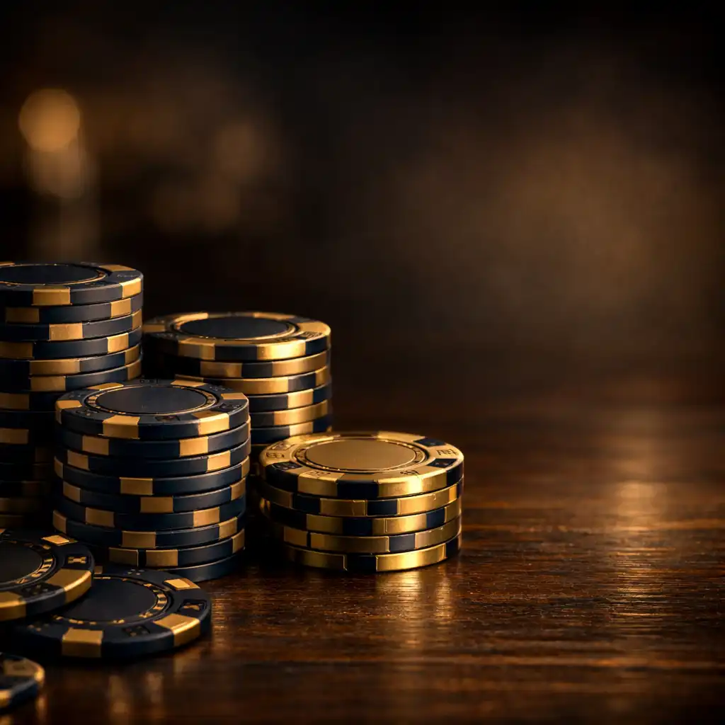 Close-up of brass and navy poker chips stacked on a dark wood table