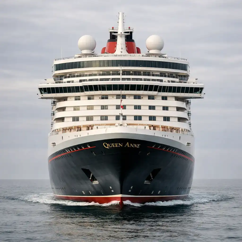 Cunard's Queen Anne at sea with its classic black and white livery