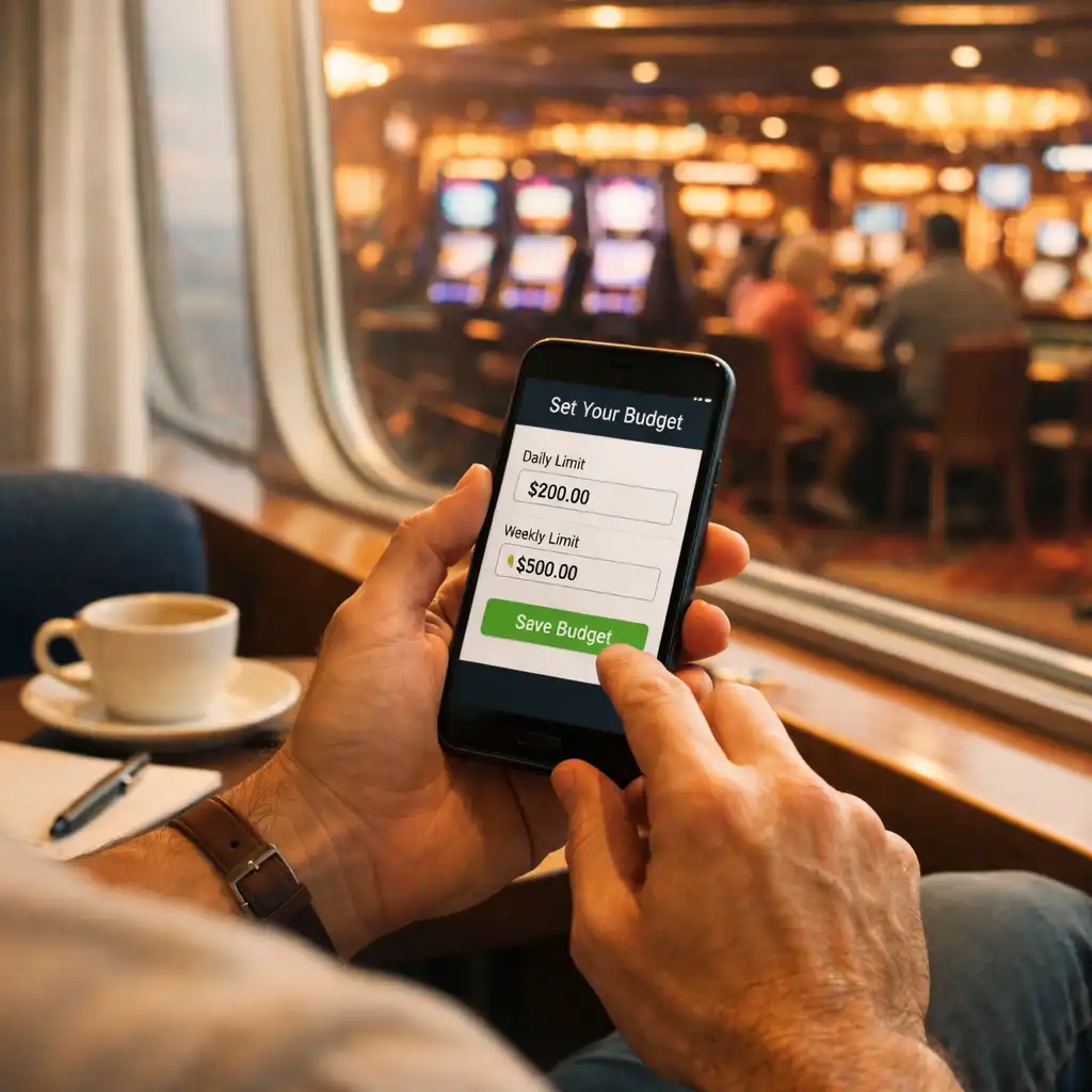 Person setting a budget on a smartphone while sitting in a cruise ship lounge with a casino visible in the background