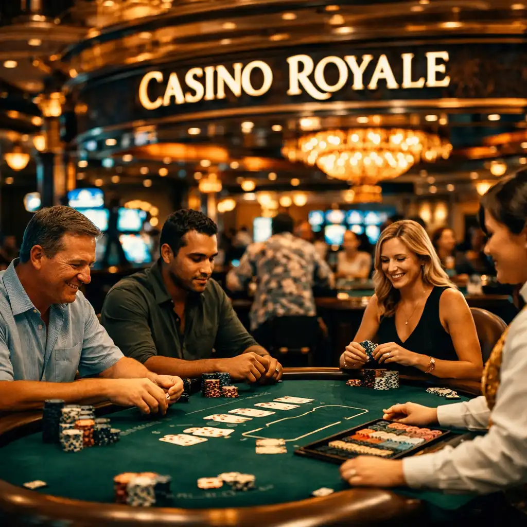 Detailed view of Royal Caribbean's Casino Royale with elegant brass accents and a variety of table games
