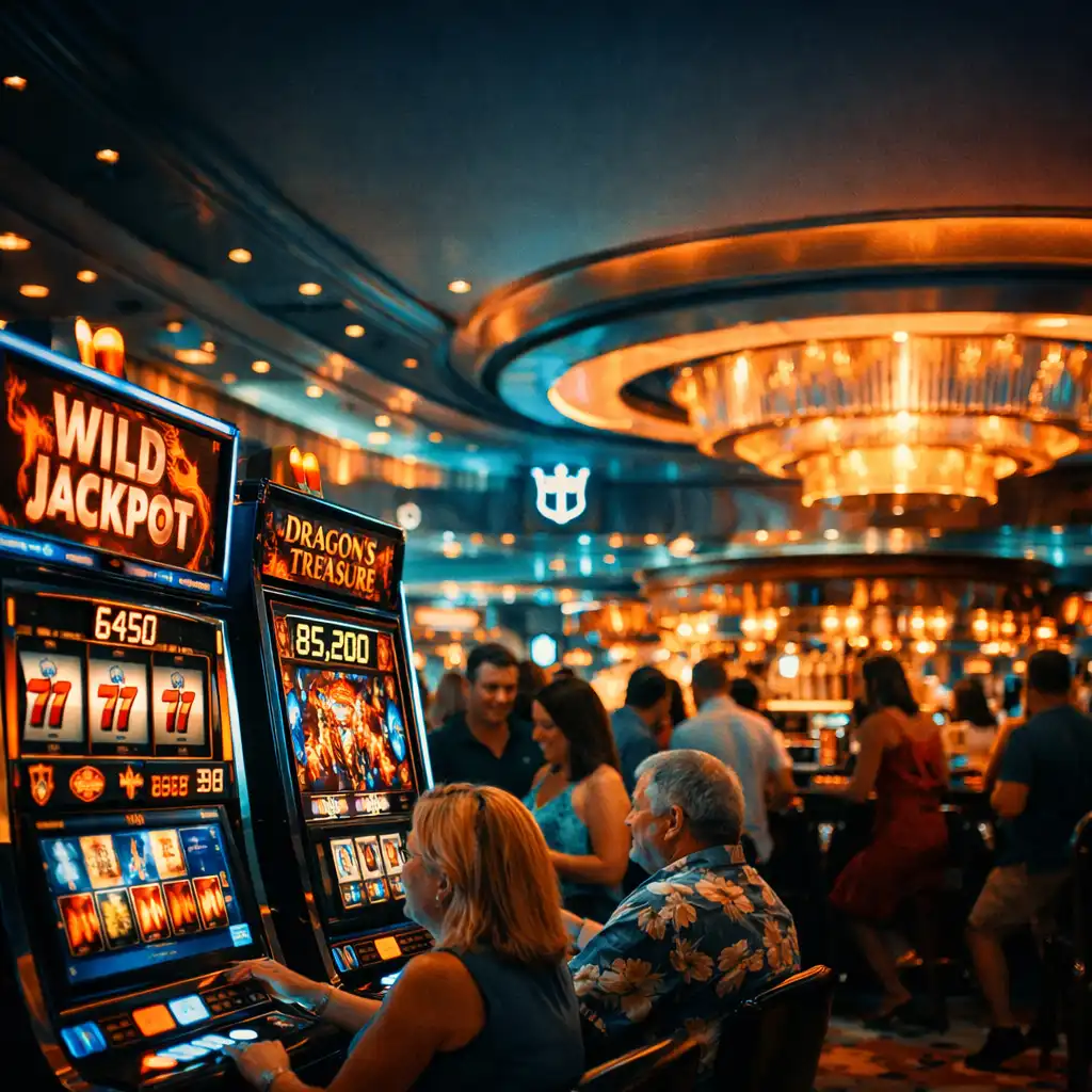 Vibrant Royal Caribbean casino floor with rows of colourful slot machines and a lively crowd