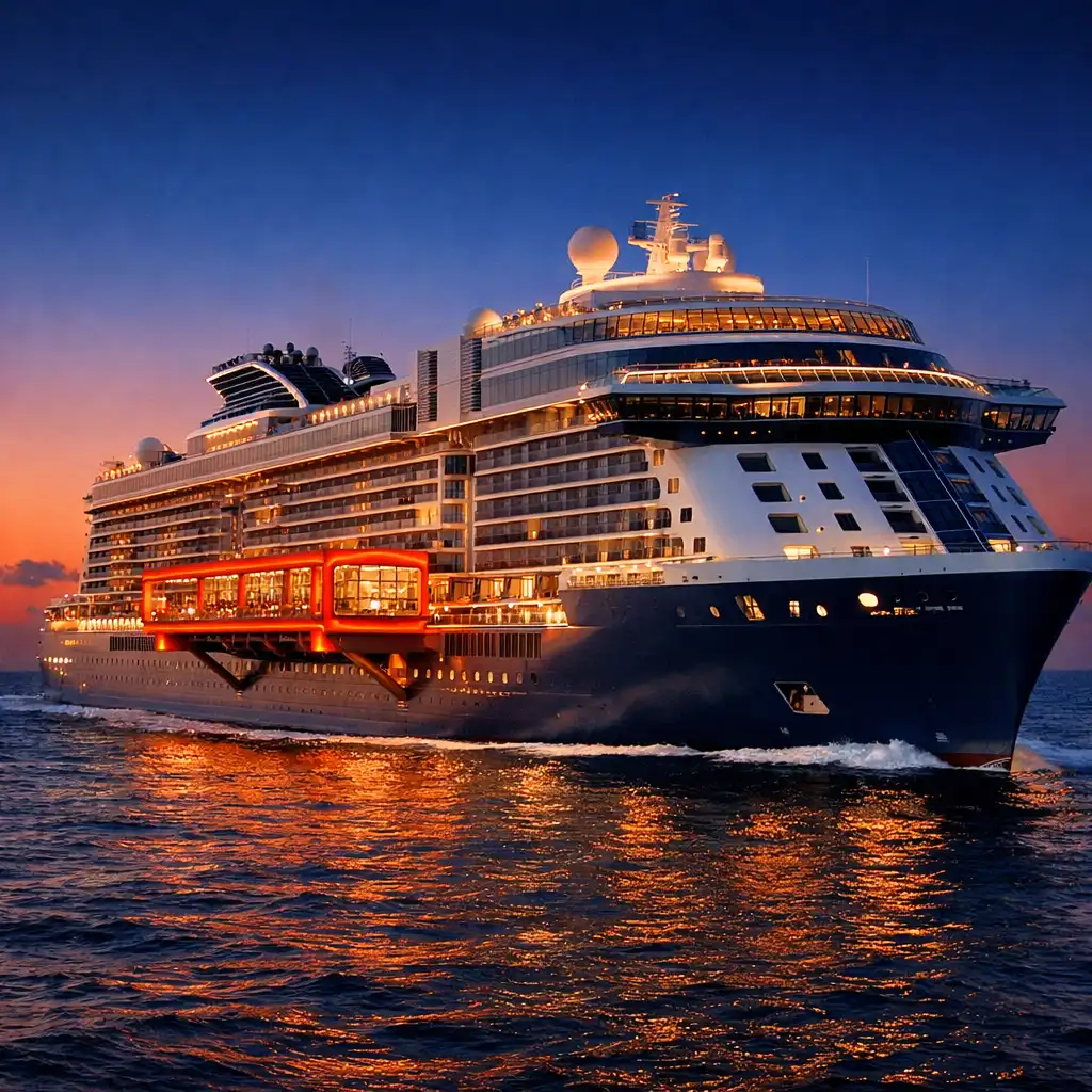 Celebrity Edge cruise ship with orange Magic Carpet platform extending from its side, sailing at dusk