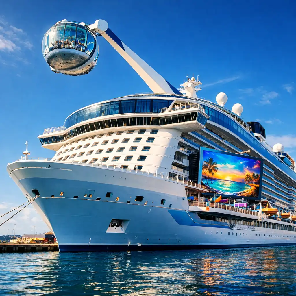 Quantum of the Seas cruise ship with glass observation capsule and large pool deck LED screen docked at a sunny port