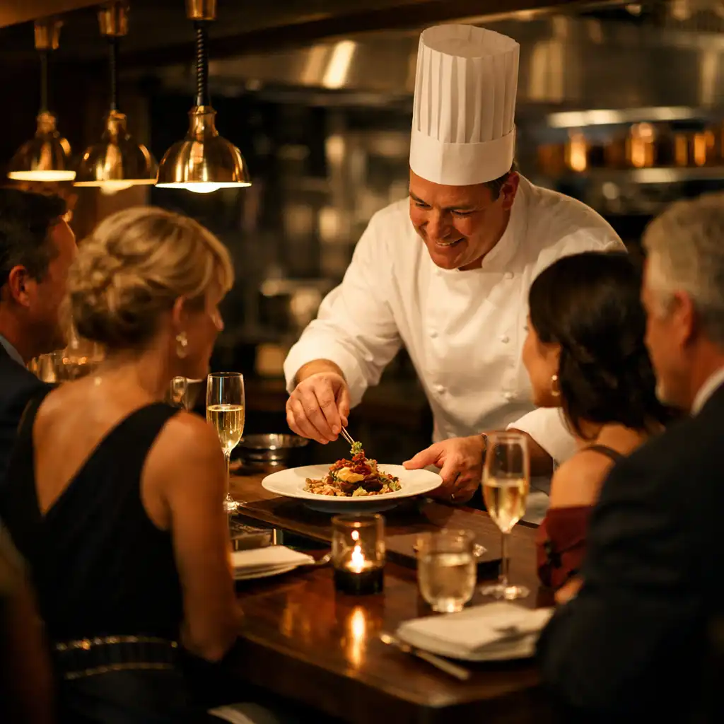Chef's table experience with guests seated at a counter facing an open kitchen